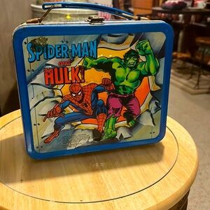 Vintage 1980 Aladdin Spider-Man and The Hulk Metal Lunch Box with Thermos.